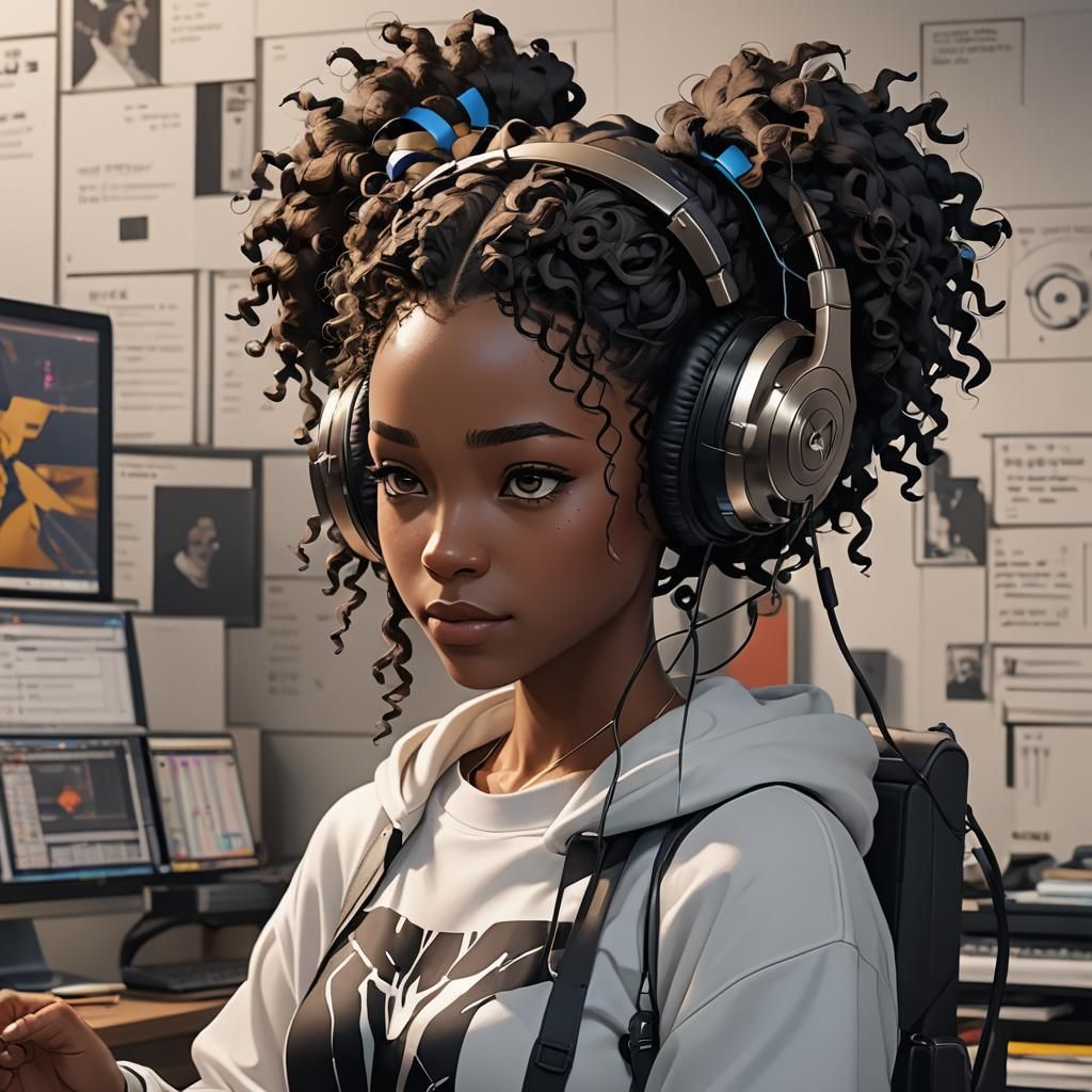 Animated Black Girl with Headphones: 3D Anime Art
