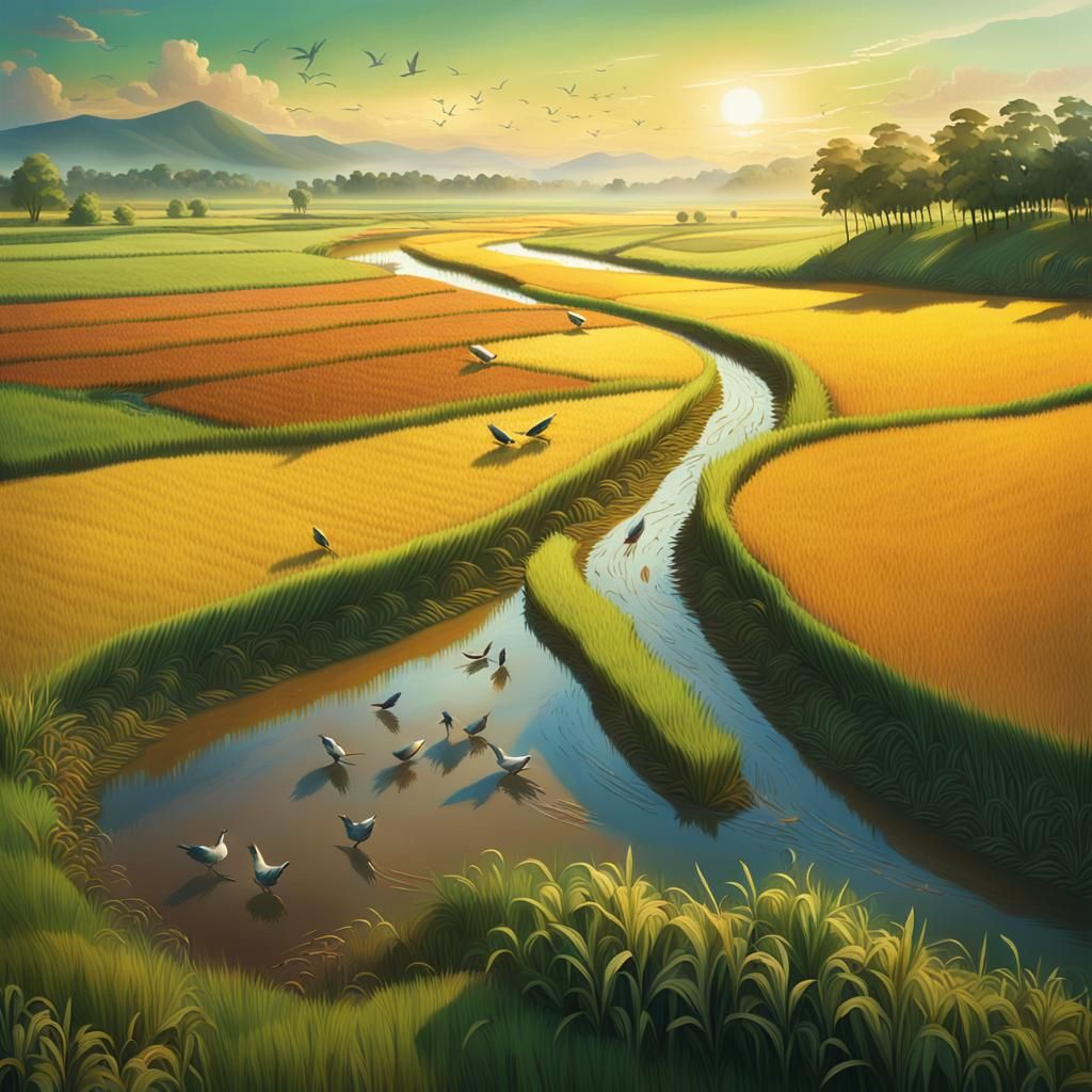 Vivid Rural Landscape with Rice Harvest