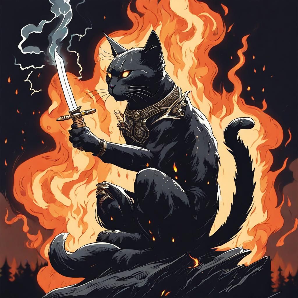 Humanoid Cat Swordsman in Fiery Thunderstorm