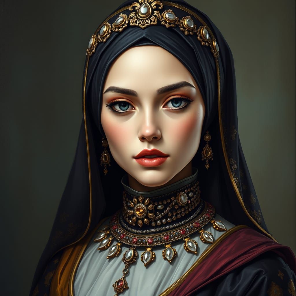 Regal Hijabi Princess Portrait in Art Nouveau Style
