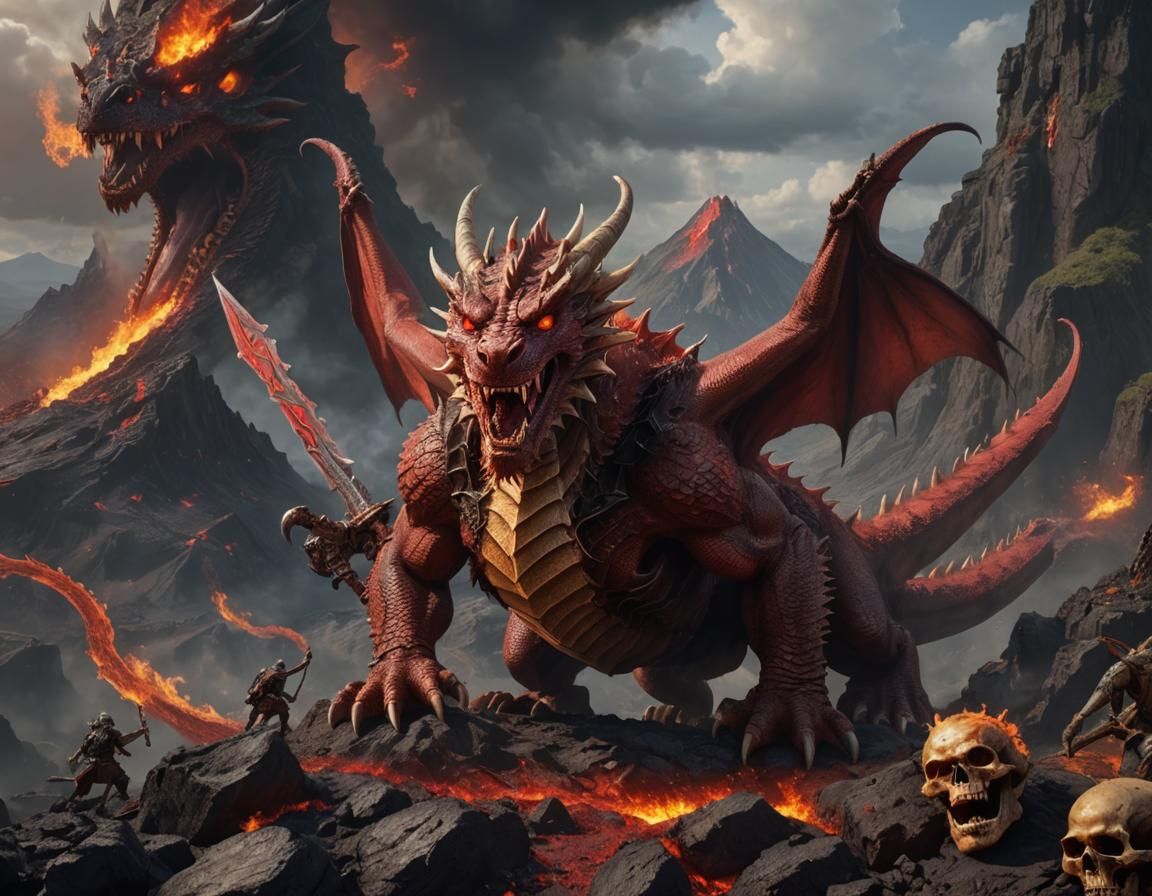 Red Dragon on Volcano with Flaming Sword