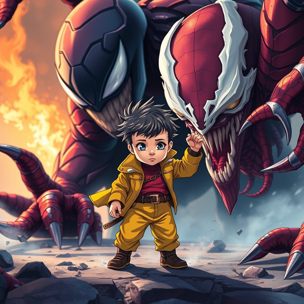 Heroic Child vs Carnage in Manga Anime Style