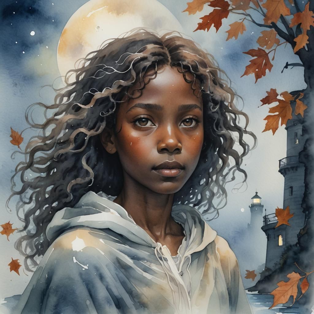 Ethereal Ghost Girl Portrait with Lighthouse, Watercolor Sty...