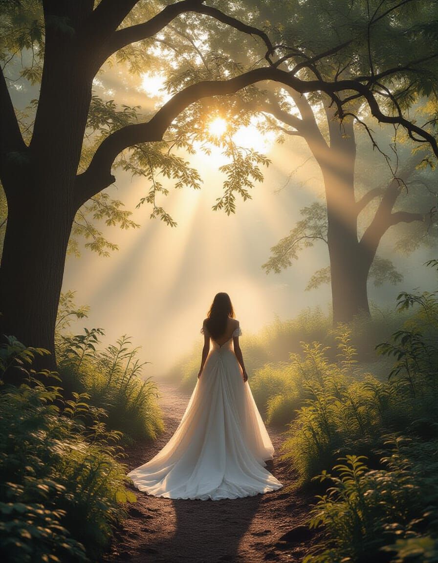 Ethereal Dawn Forest Clearing in Golden Hour Light