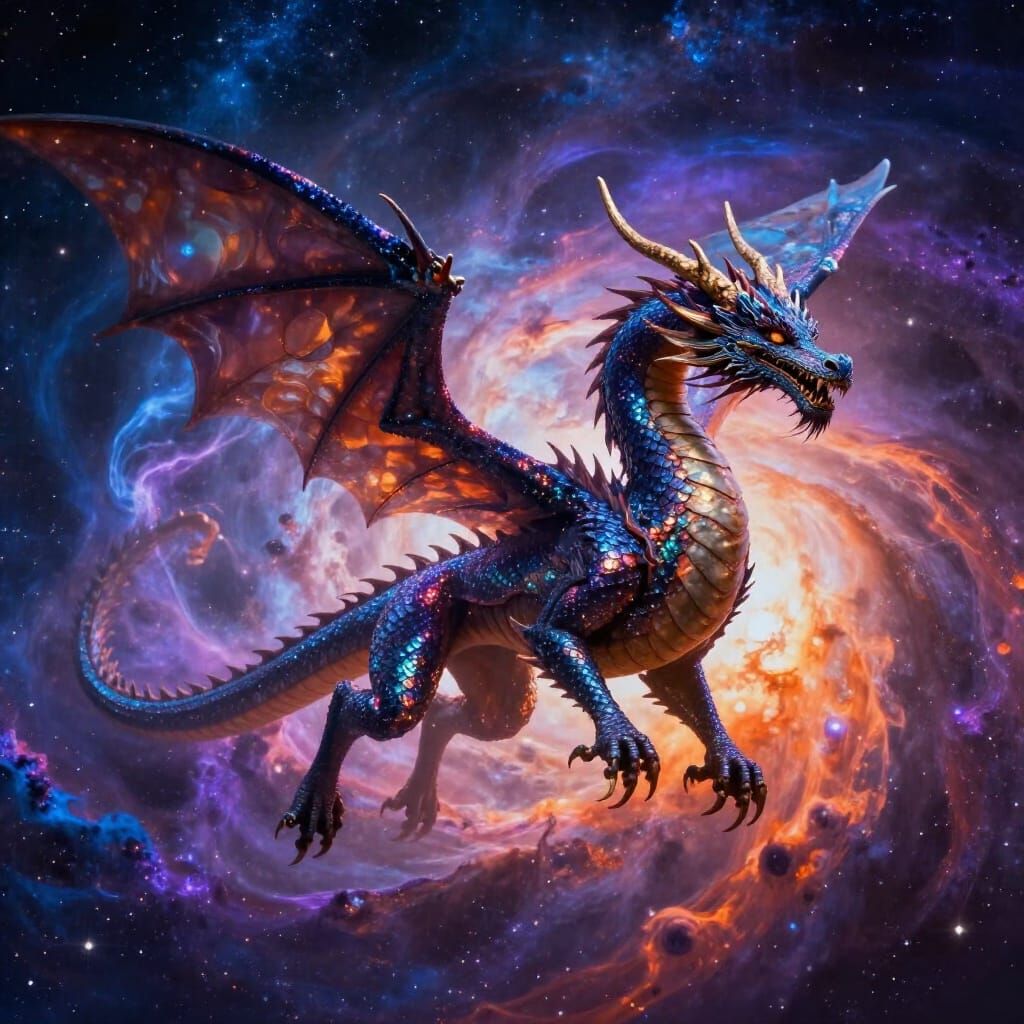 Majestic Ancient Dragon Soaring Through Nebula