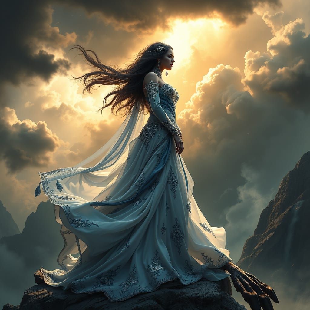 Regal Storm Goddess in a Glimmering White Gown