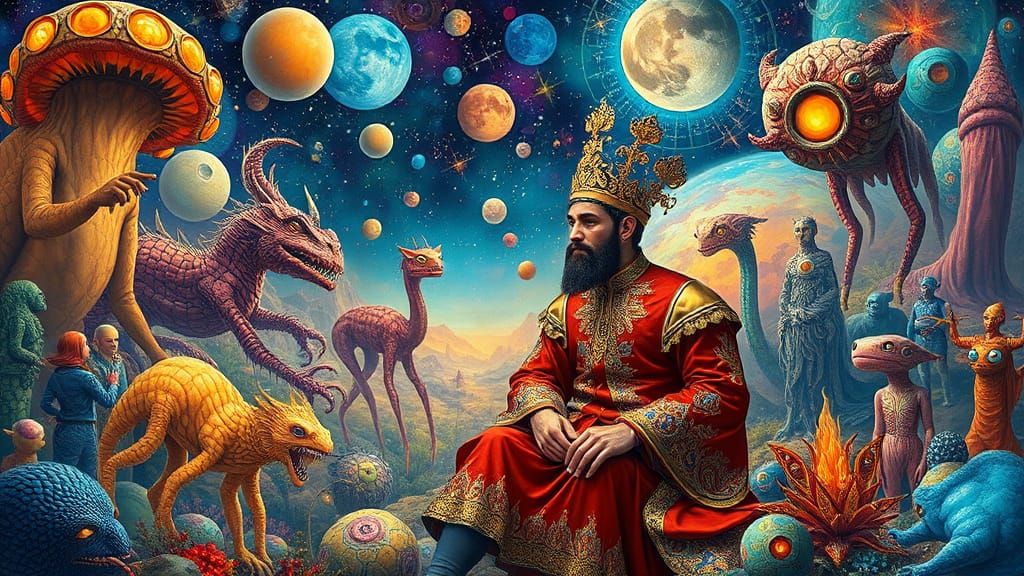 Surreal Utopia with Ornate Figures and Space Creatures
