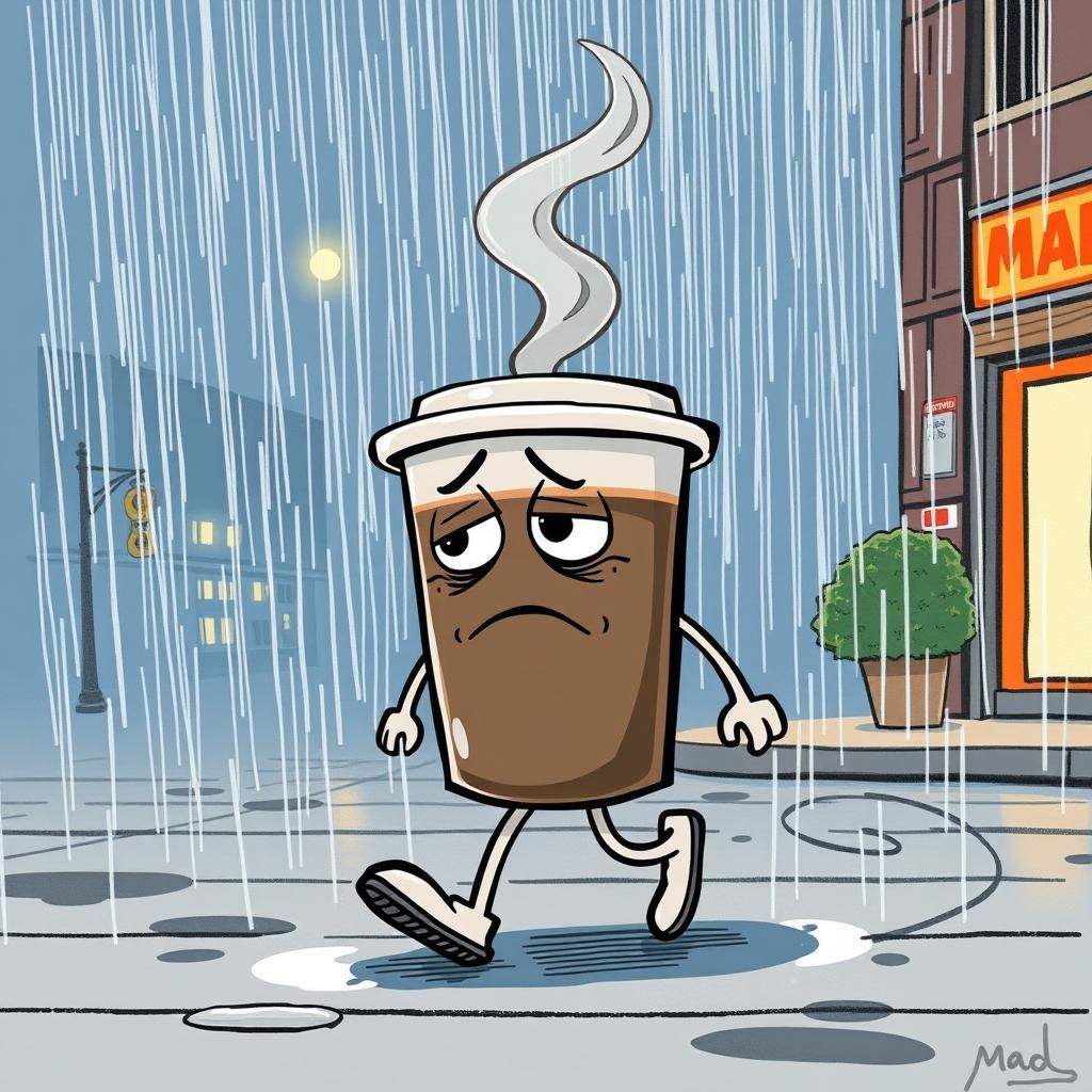 Sad Coffee Cup Character in Mad Magazine Style