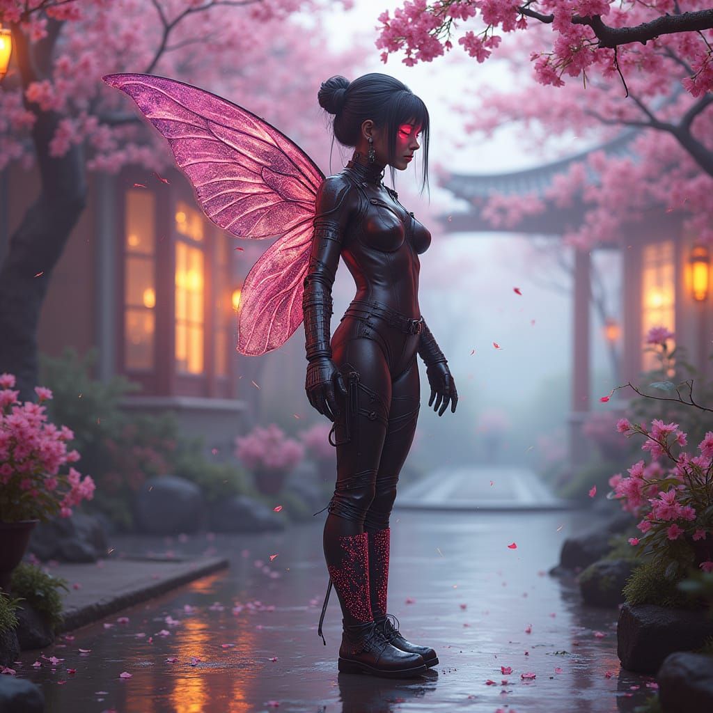 Cyberpunk Fairy with Neon Tattoos and Cybernetic Implants