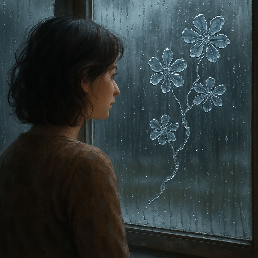 Person Gazing Out Window at Floral Rain Path