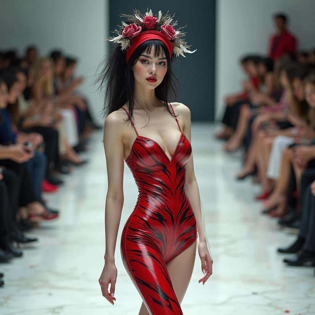 Cyberpunk Goddess in Zebra Striped Outfit with Red Accents