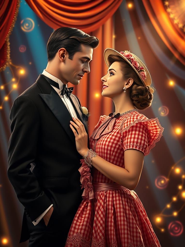 Gentleman admires his beloved's red and white gingham dress