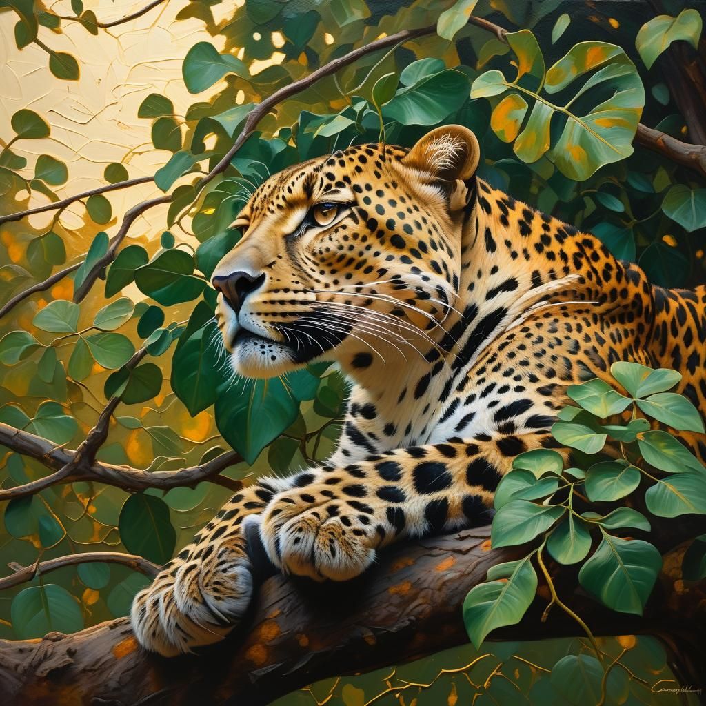Leopard Lounging in a Tree: Impasto Oil Painting