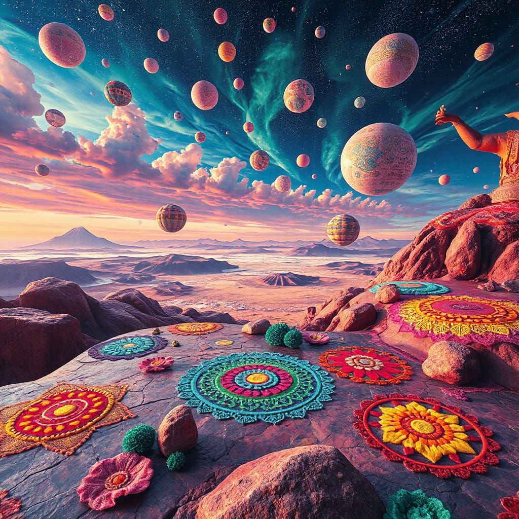 Surreal Rangoli Patterns Unfold in Fantastical Landscape