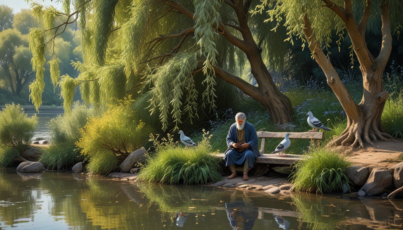 Man Spreading Seeds for Pigeons by River, Oil Painting