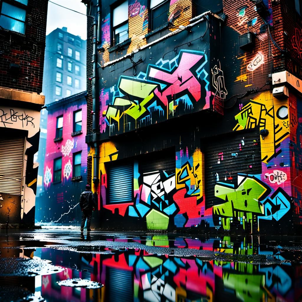 Cyberpunk Ghetto Street Art with Neon Reflections