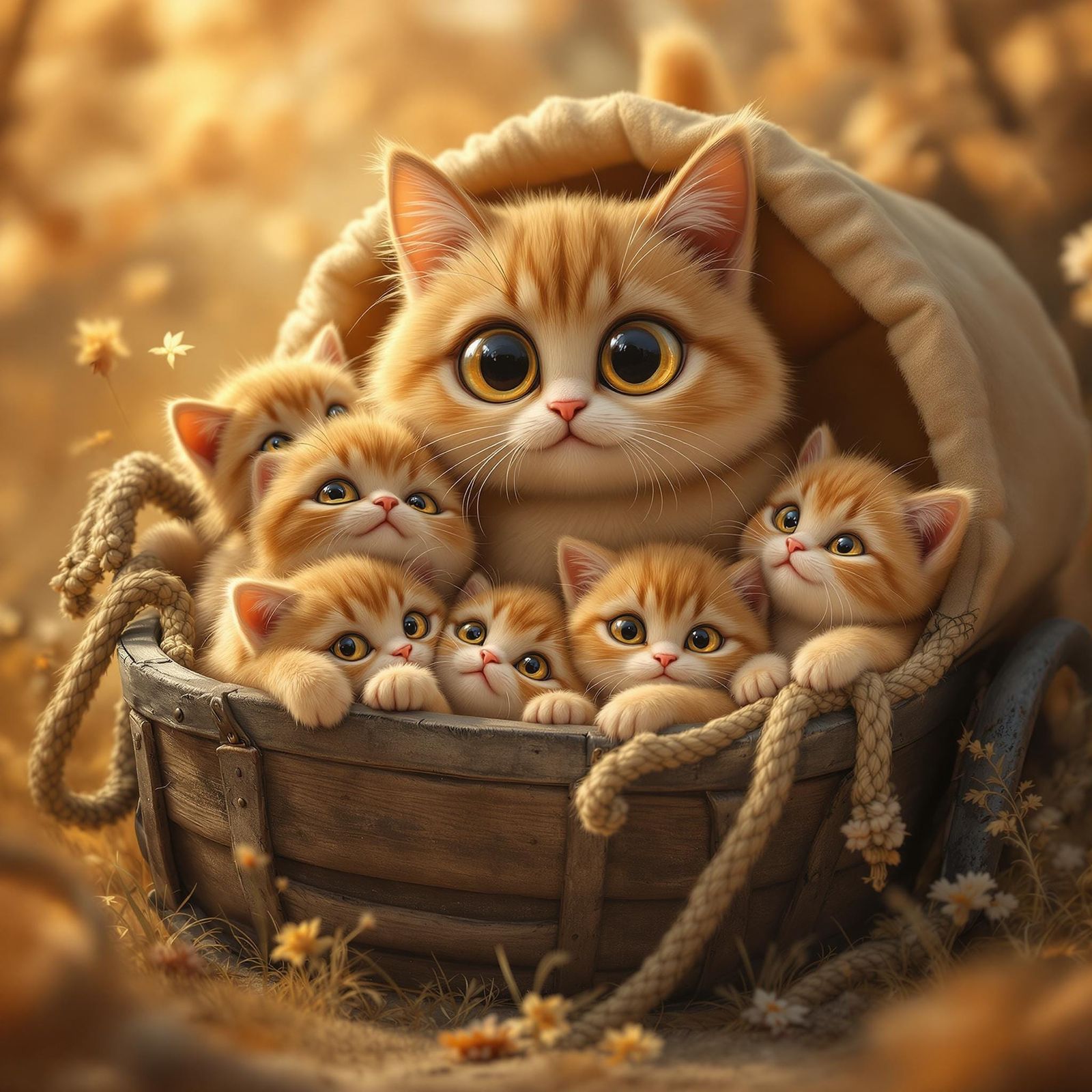 A whimsical animated mother cat, with oversized shining eyes...