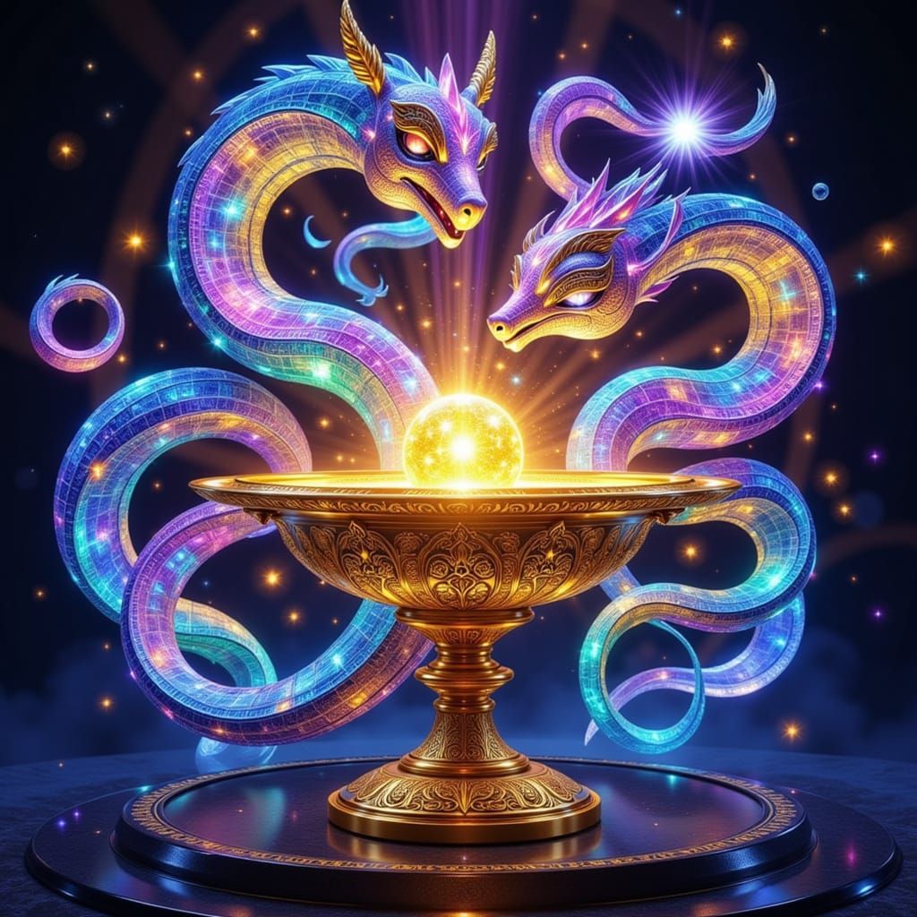 Bioluminescent Rainbow Genie Coiled Around Golden Lamp