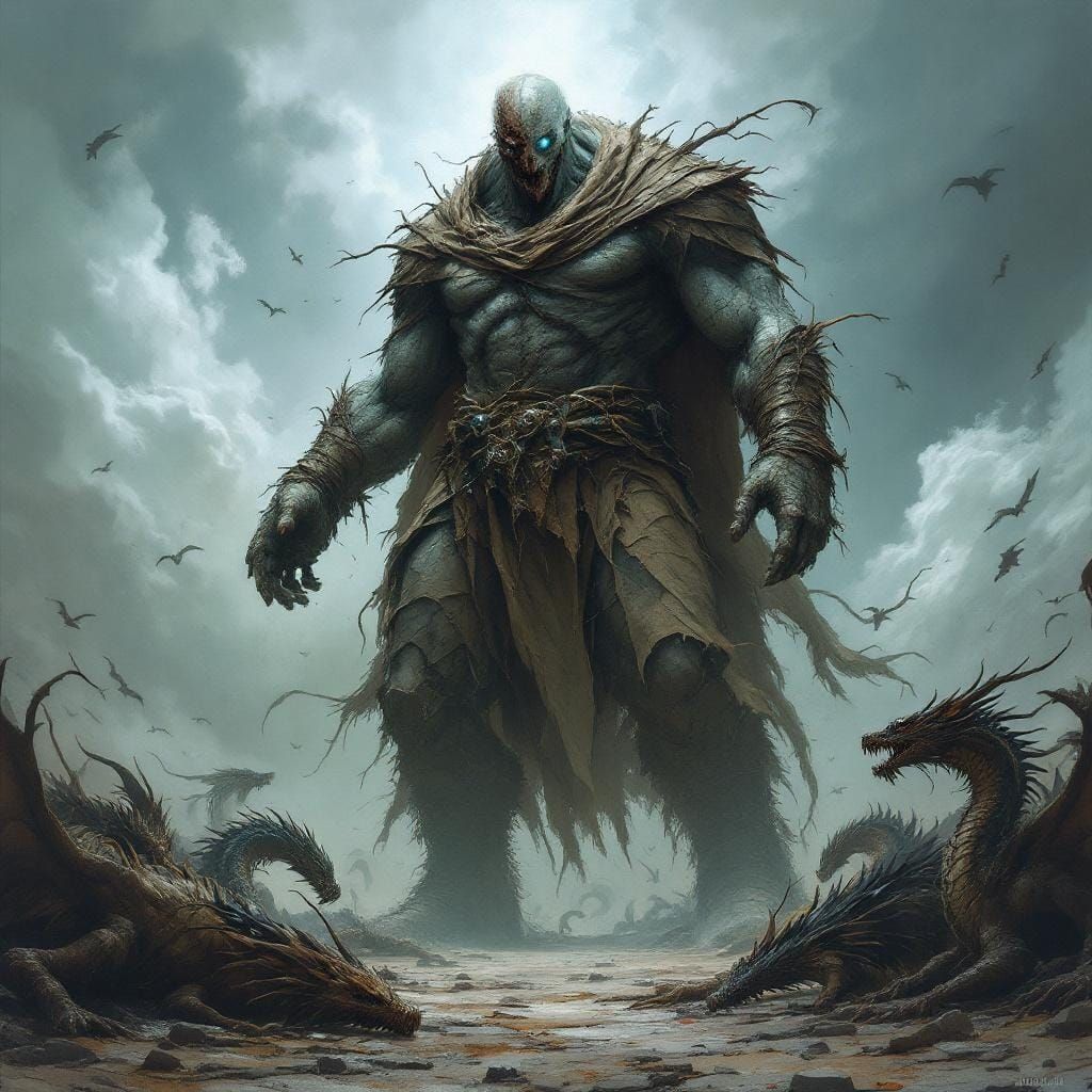 Storm Giant Triumphant Over Dragon Kin