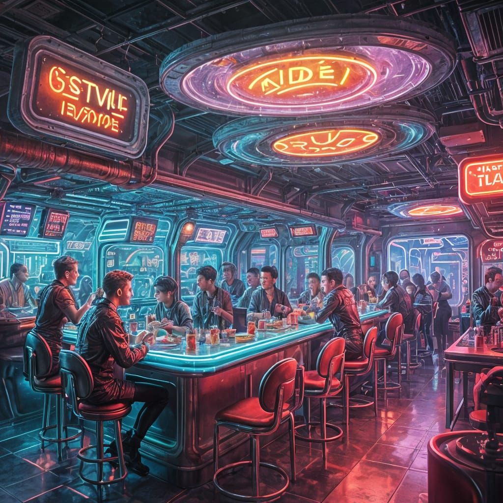 Cyborg Diners under Galactic Neon in 1950s Futuristic Style