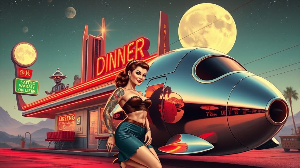 Retro-Futuristic Lunar Diner in Mid-Century Style