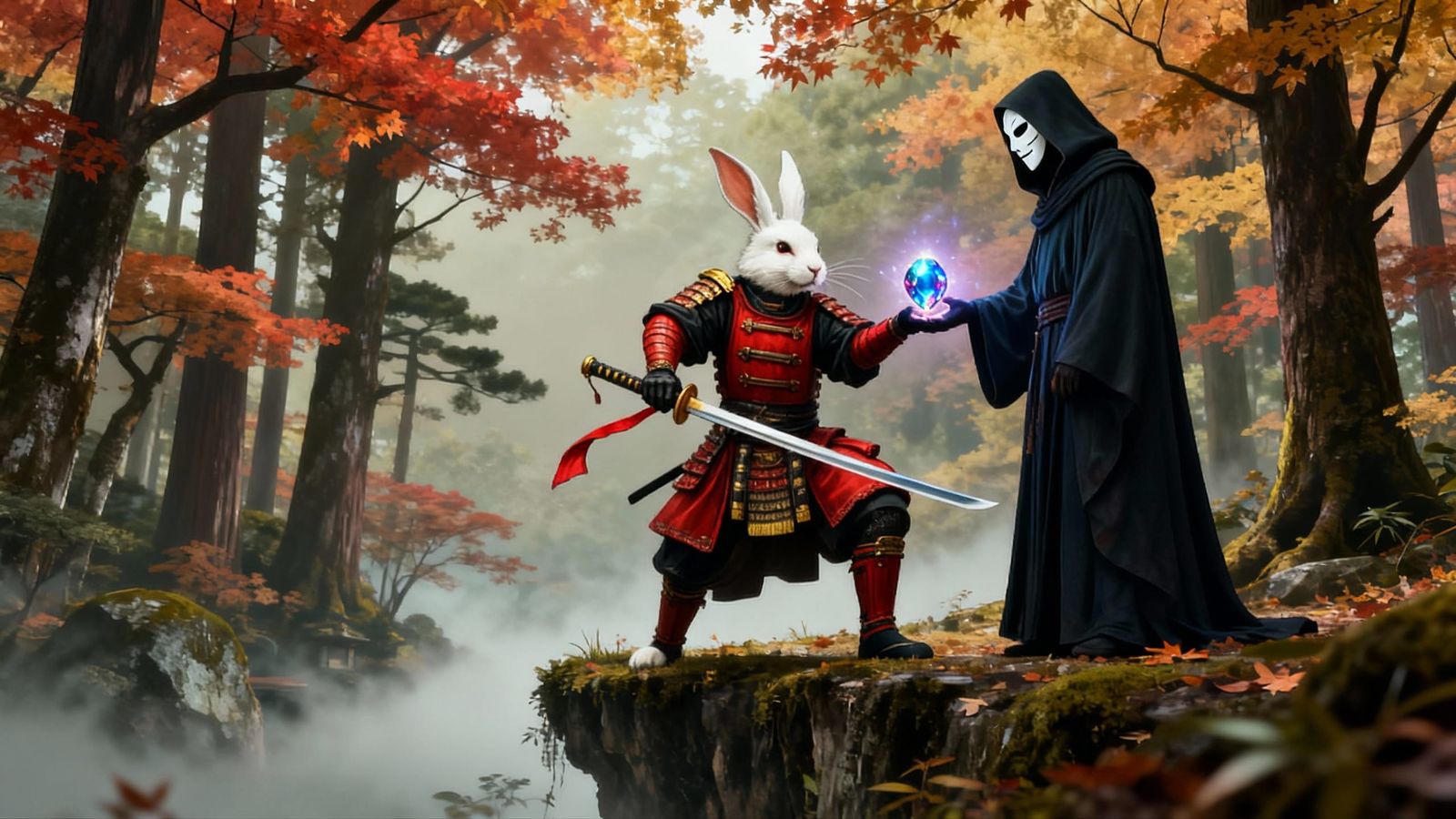 Red Samurai Receives Magic Gem in Japanese Forest
