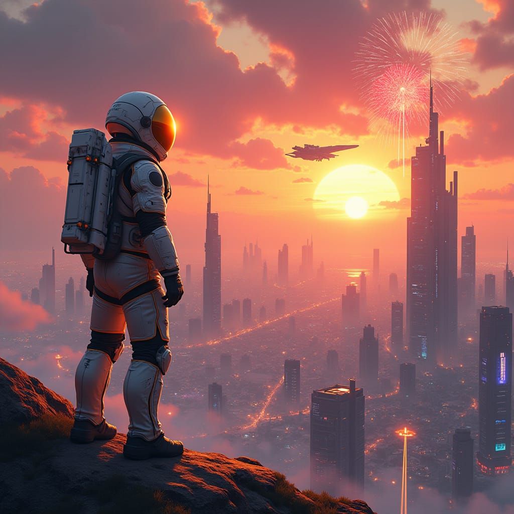Astronaut Overlooking Futuristic City at Sunset