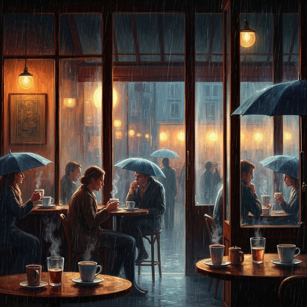 Cozy Cafe Scene in Summer Rain, Painterly Style