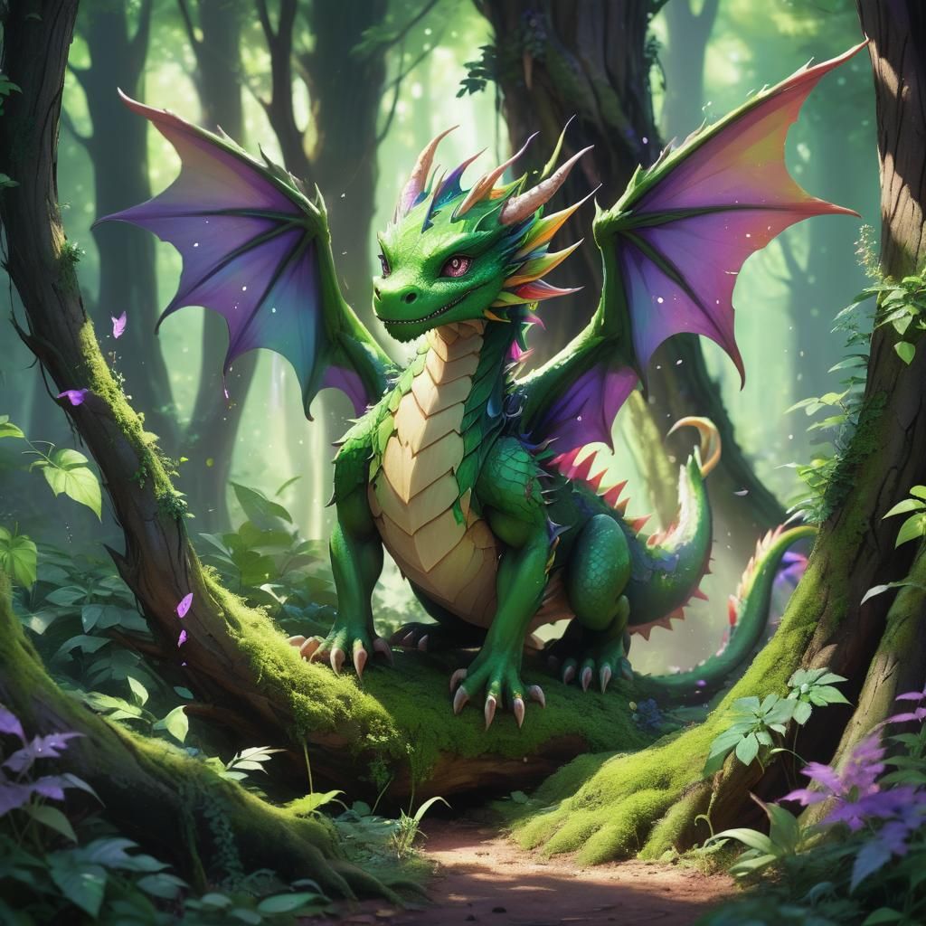 Joyful Green Fairy Dragon in Verdant Forest