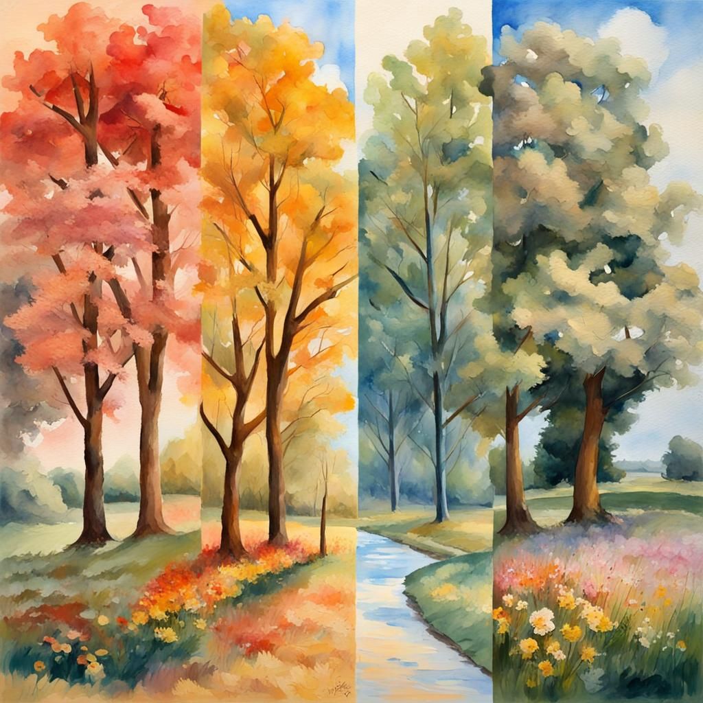Impressionist Four Seasons Gouache Watercolor Painting