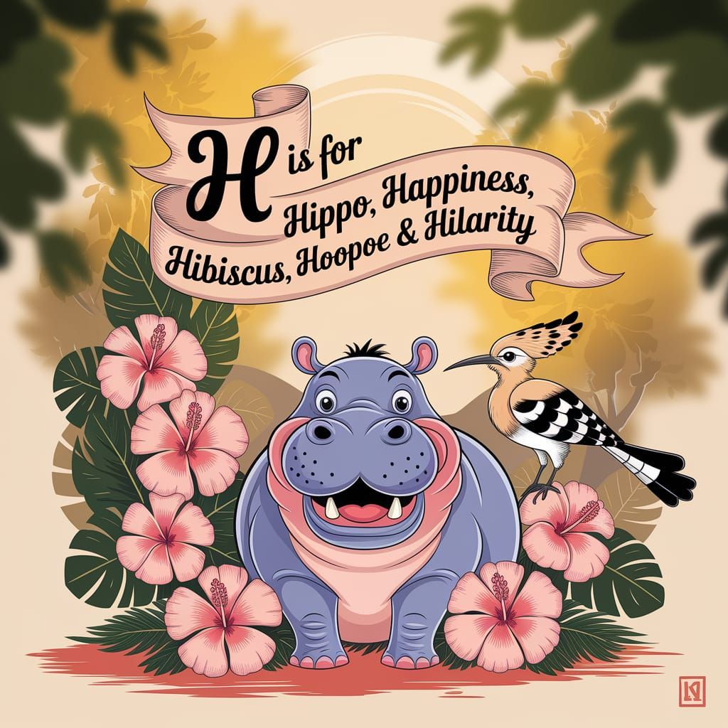 Cheerful Hippo with Hibiscus in Vibrant Caricature Style