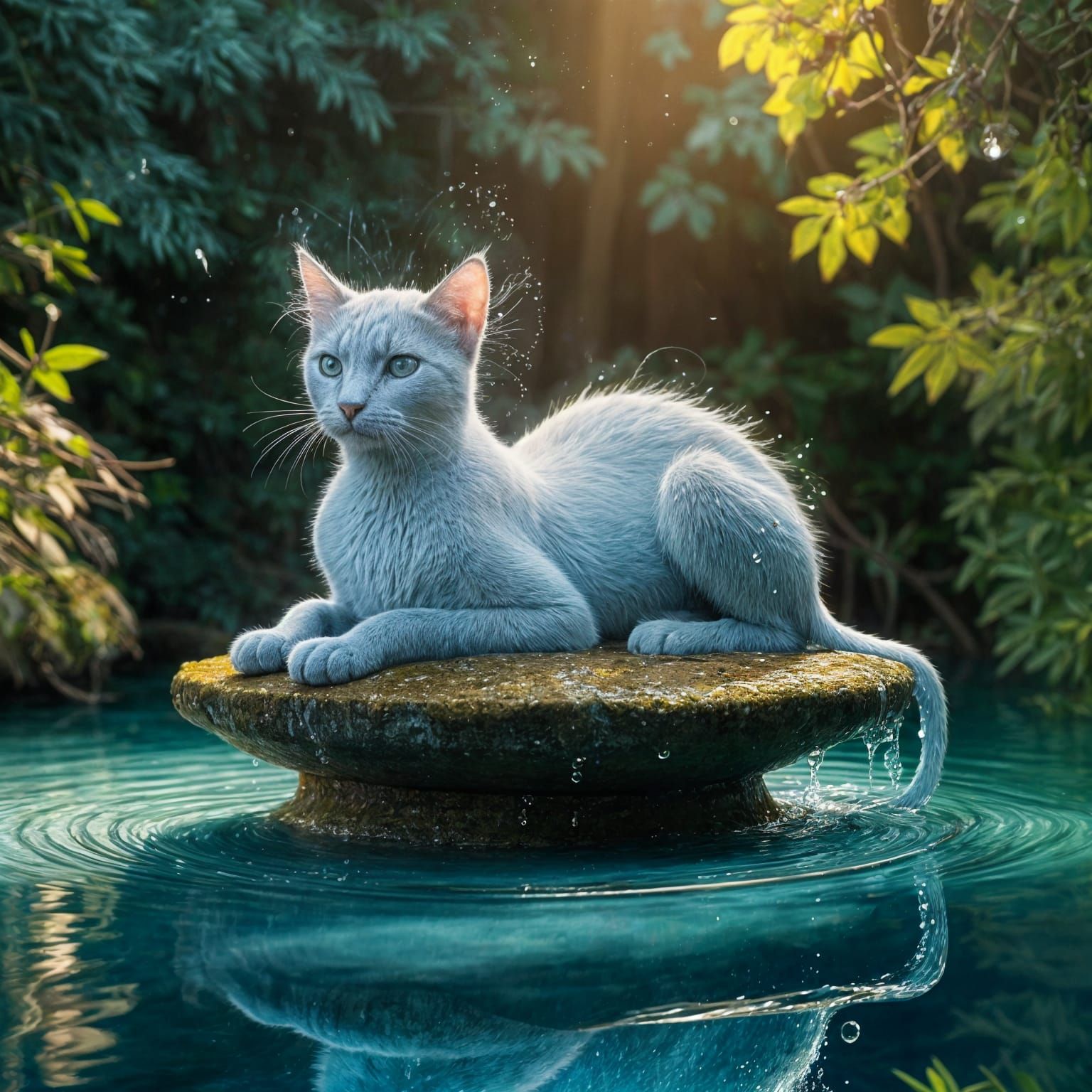 Luminous Water Cat Rests on Ancient Stone