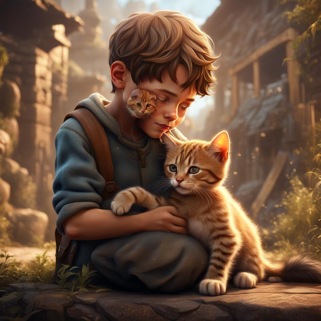 Boy and Kitten: Detailed Fantasy Concept Art