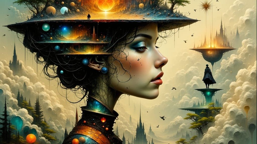 Dreamer in Surreal Landscape: Cubism and Baroque Fusion