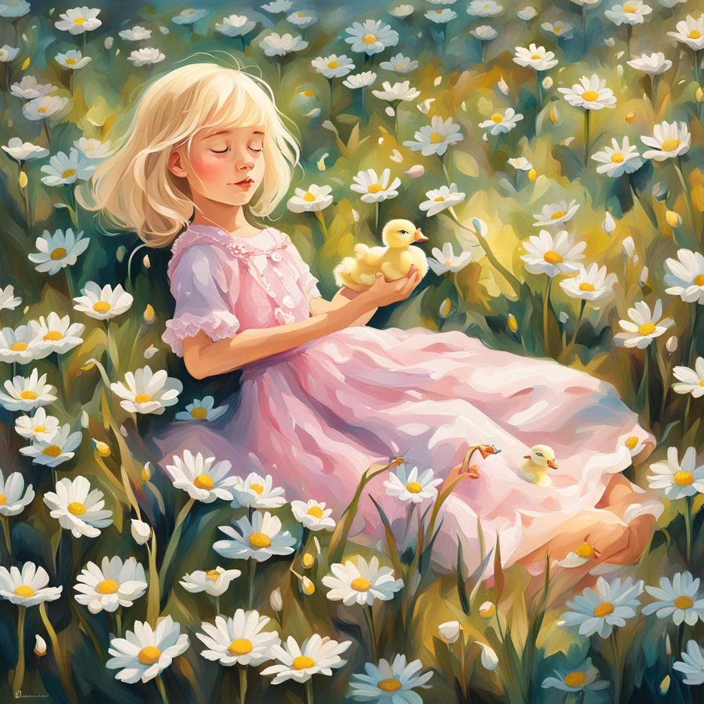 Girl in Daisies Holding Ducklings: Fantasy Illustration