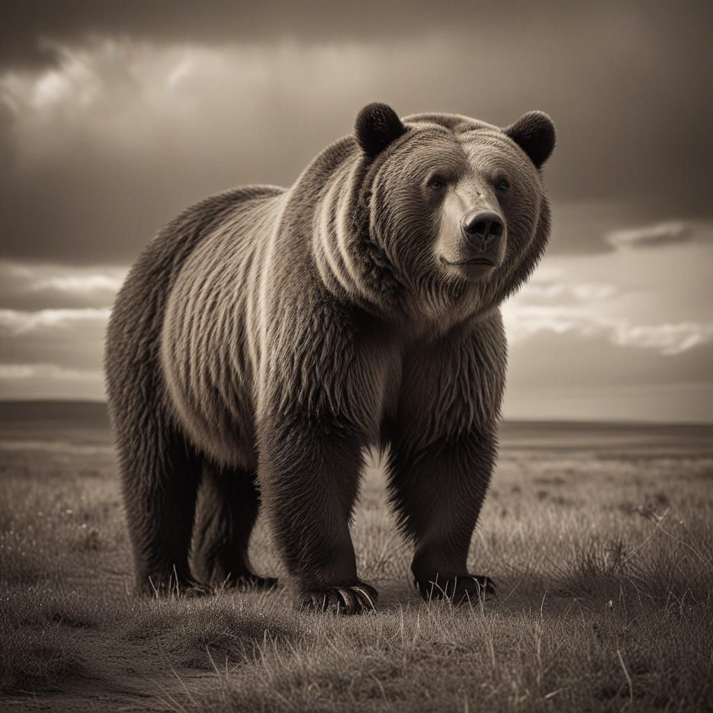 Wise Kodiak Bear in Windswept Tundra, Tintype Photography