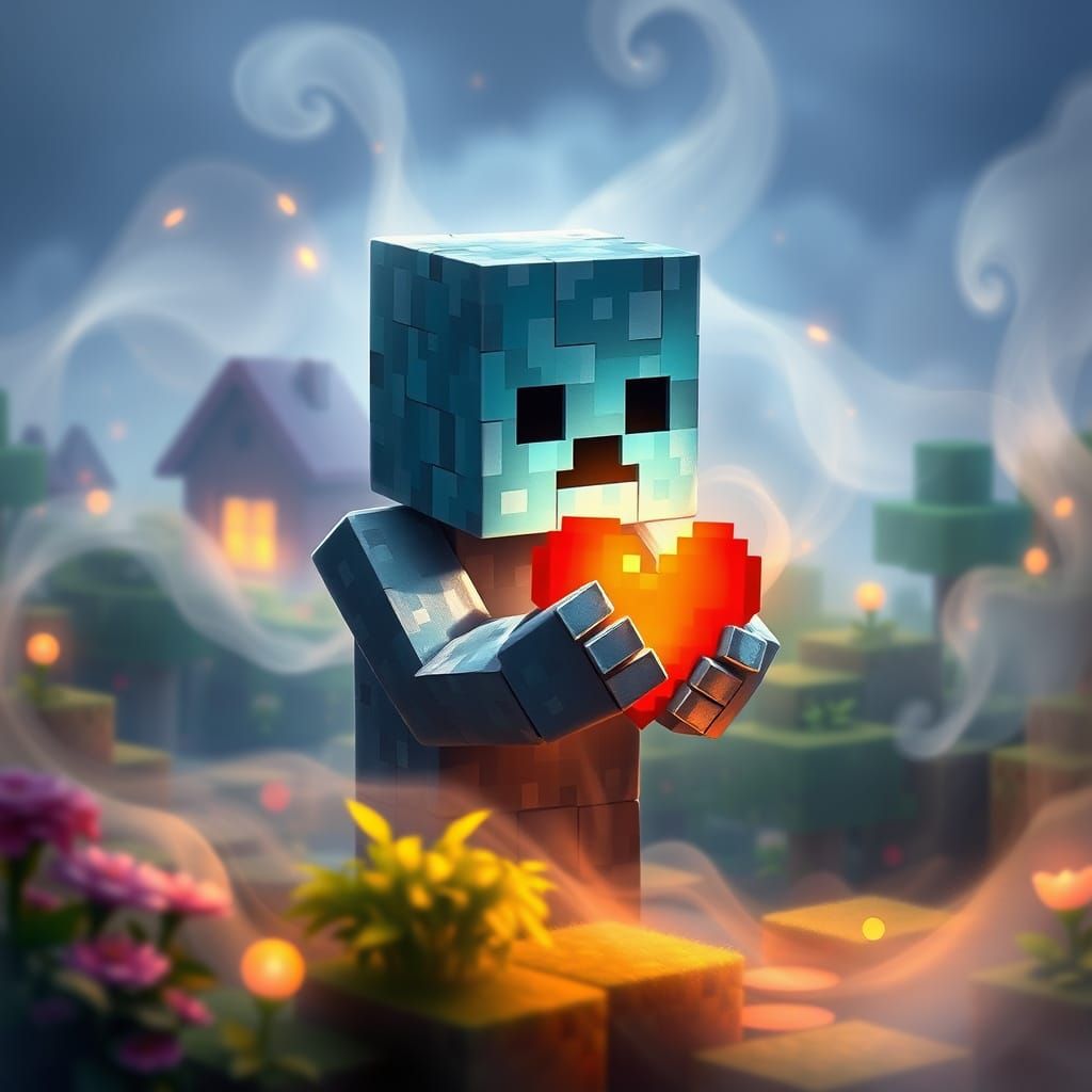 Minecraft, blue creeper holding a heart.