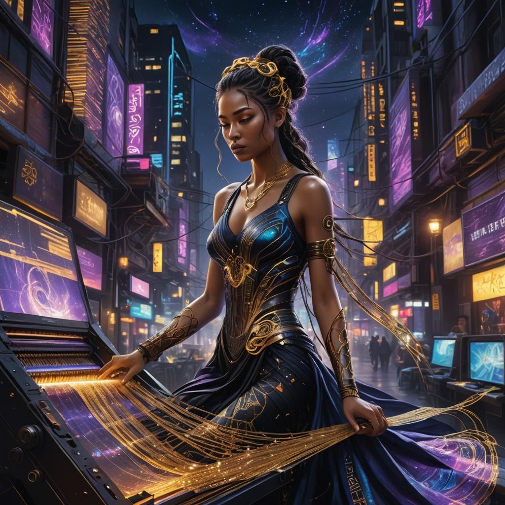 Goddess Weaving Loom in Cyberpunk City: Digital Art