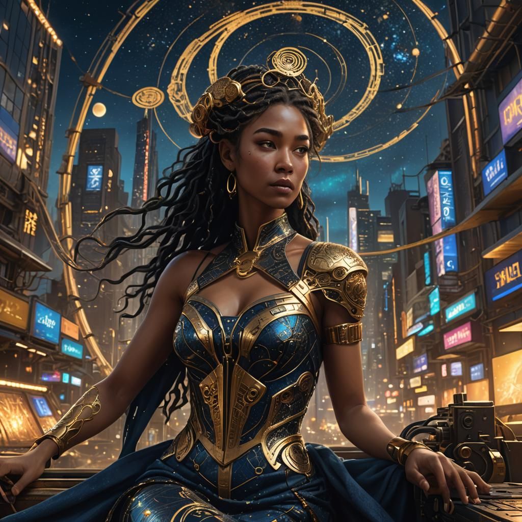 Goddess Weaving Fate in Cyberpunk Cityscape