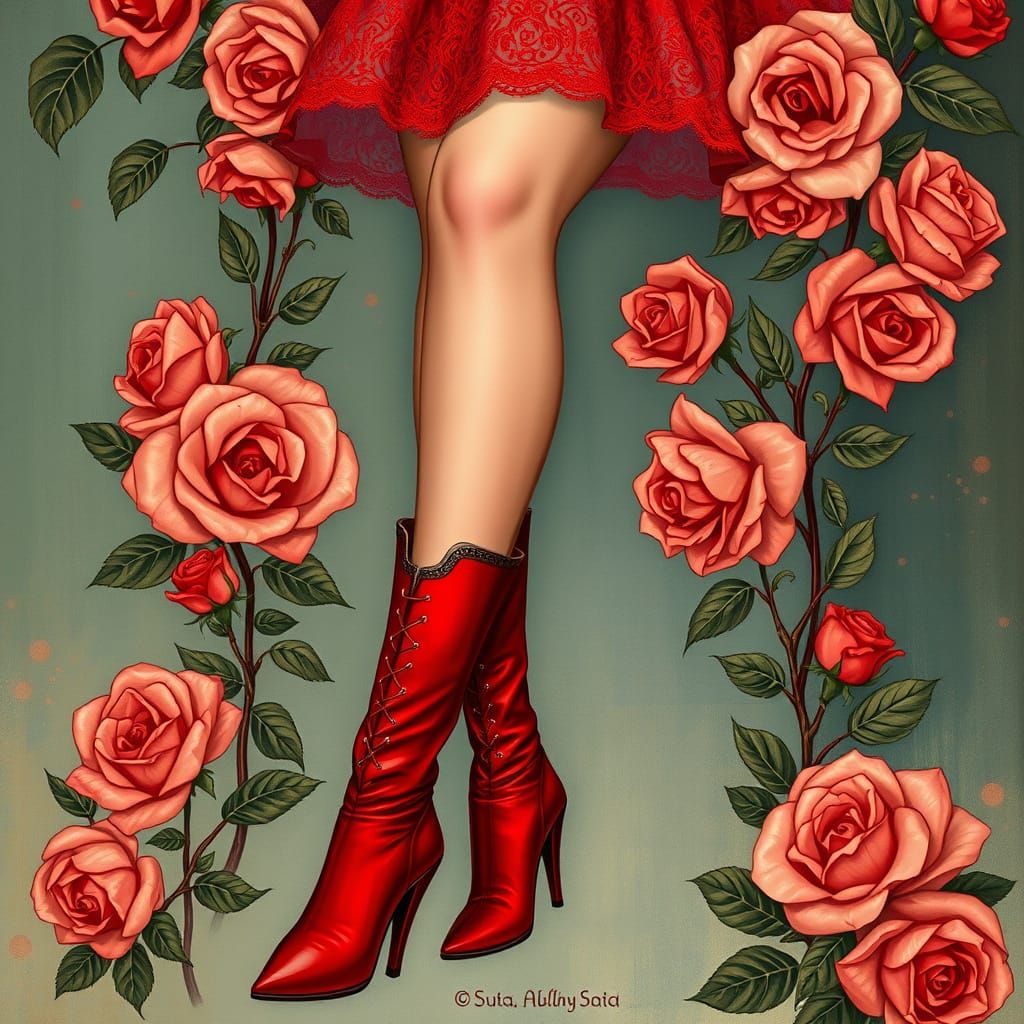 Elegant Woman in Red Lace Dress with Roses and Jewels