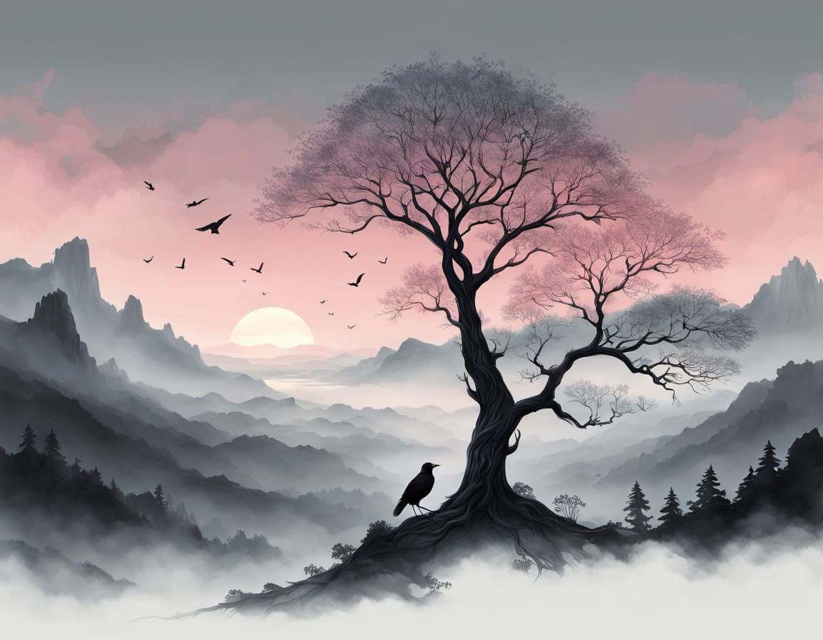 Majestic Tree Silhouettes in Soft Gray Sky