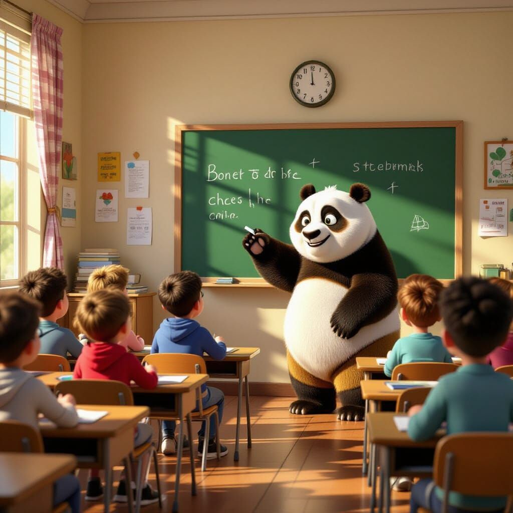 Friendly Panda Teacher in Pixar-Inspired Classroom