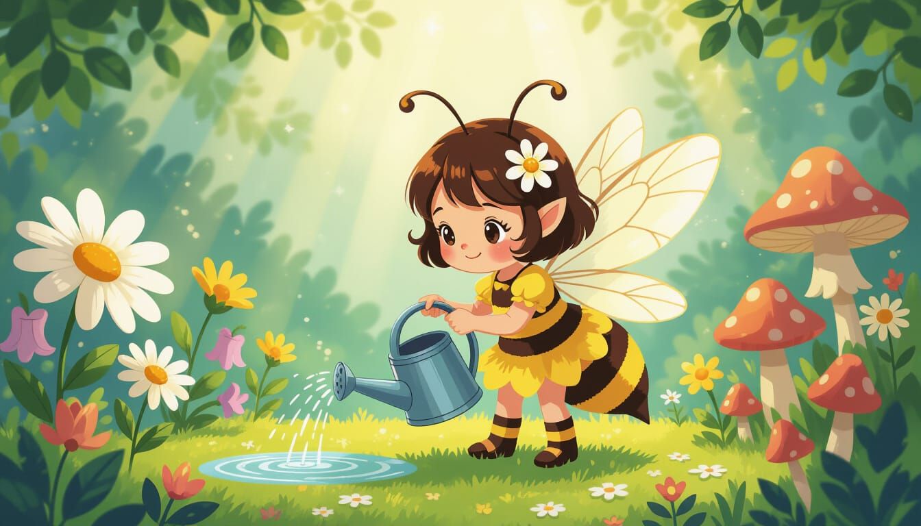 Bumblebee Fairy Girl Waters Flowers in Enchanted Forest