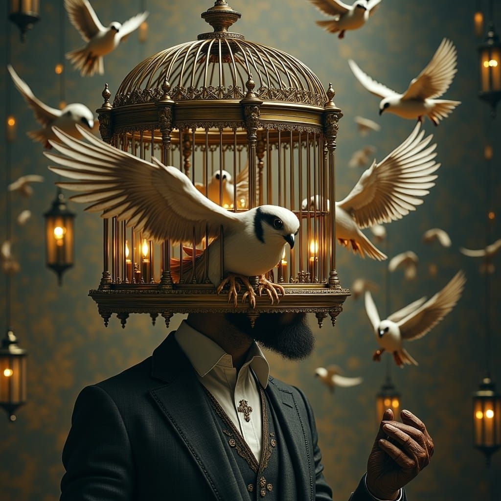 Ornate Birdcage Head: Mystical Surrealism
