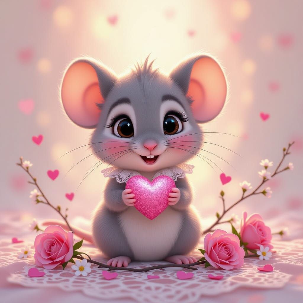 Fluffy Mouse Holding a Heart in 3D Digital Art