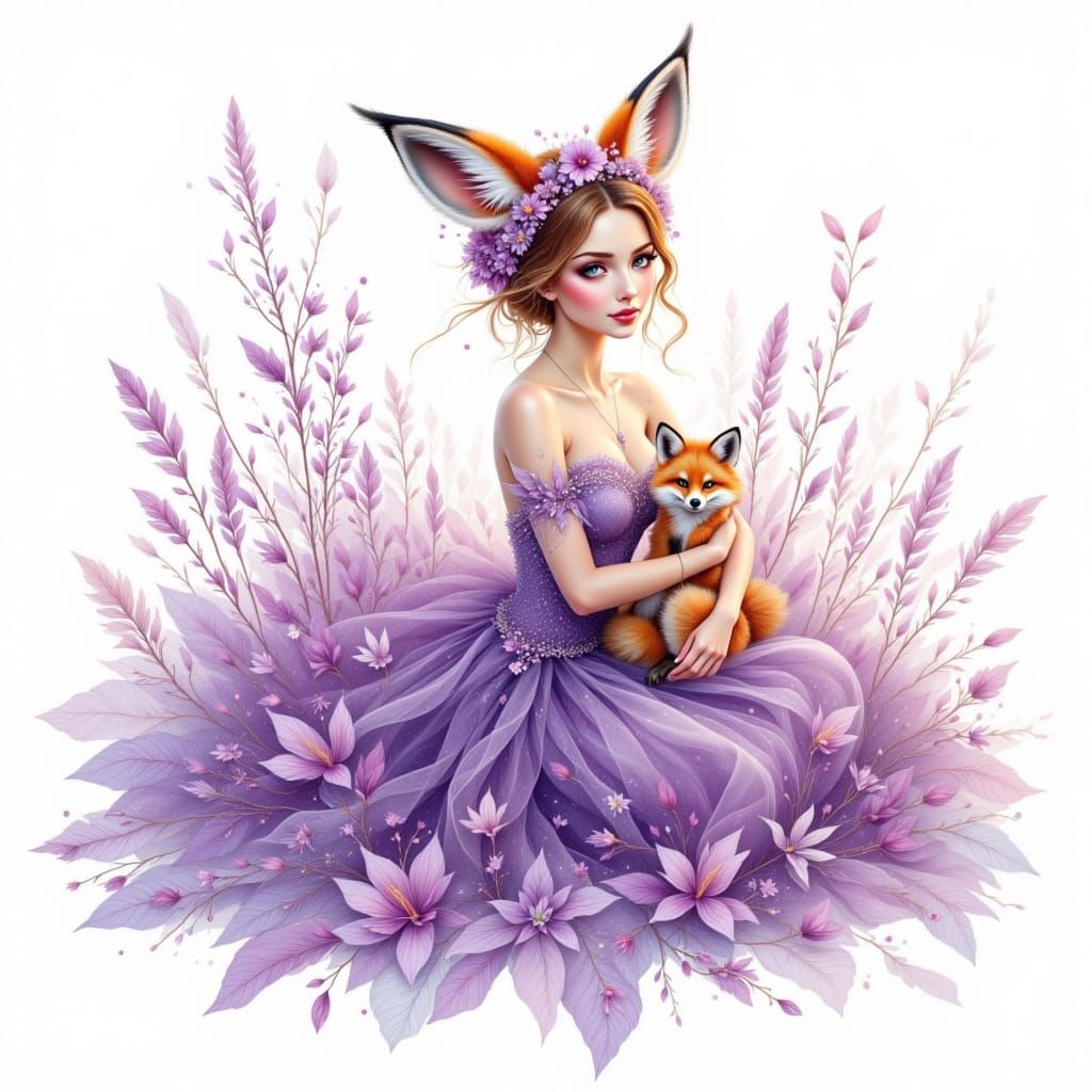 Enchanting Dryad with Fox Cub, Watercolor Style