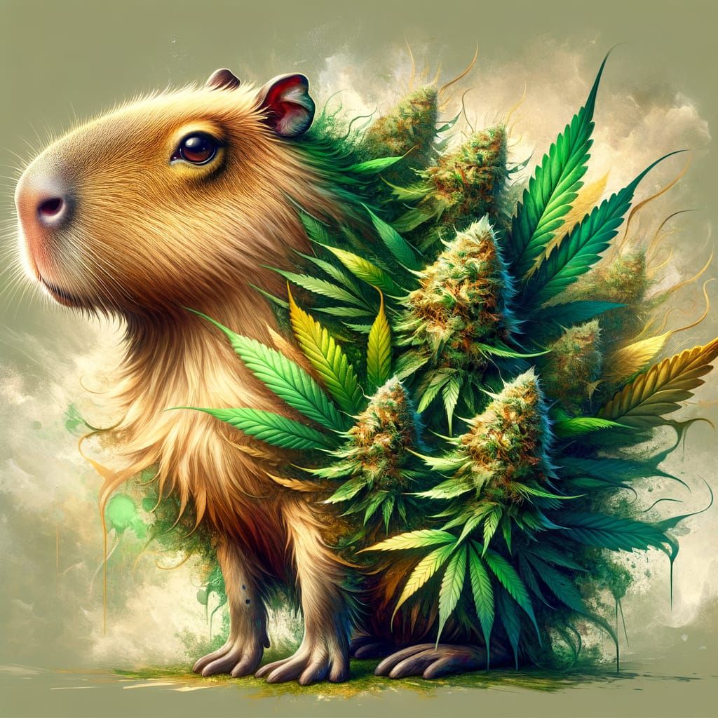 Whimsical Capybara-Marijuana Hybrid in Watercolor Style