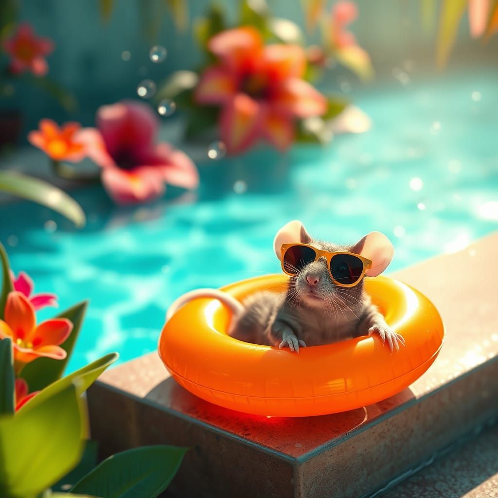 Dreamy Scene of Baby Rat in Sunglasses and Life Ring by a Tu...