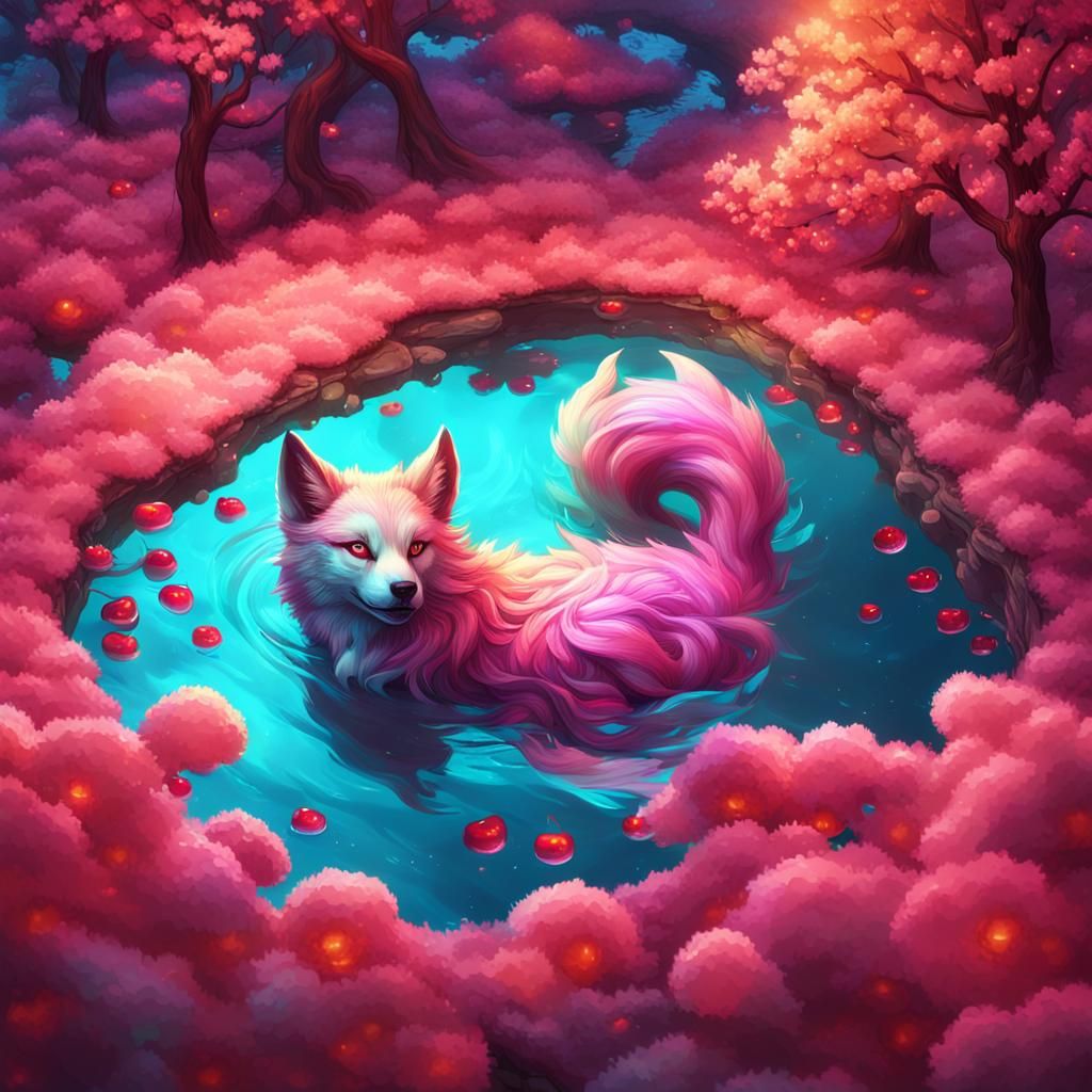 Kitsune Werewolf in Cherry Blossom Pond