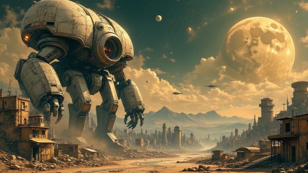 Gritty Mecha Robot Destroys Alien City Under Twin Moons